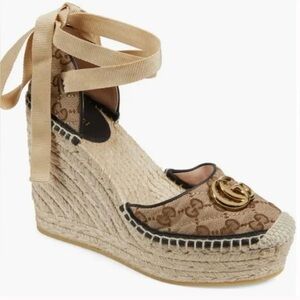 Gucci Pilar leather trimmed embellished canvas jacquard wedge espadrille - 37.5